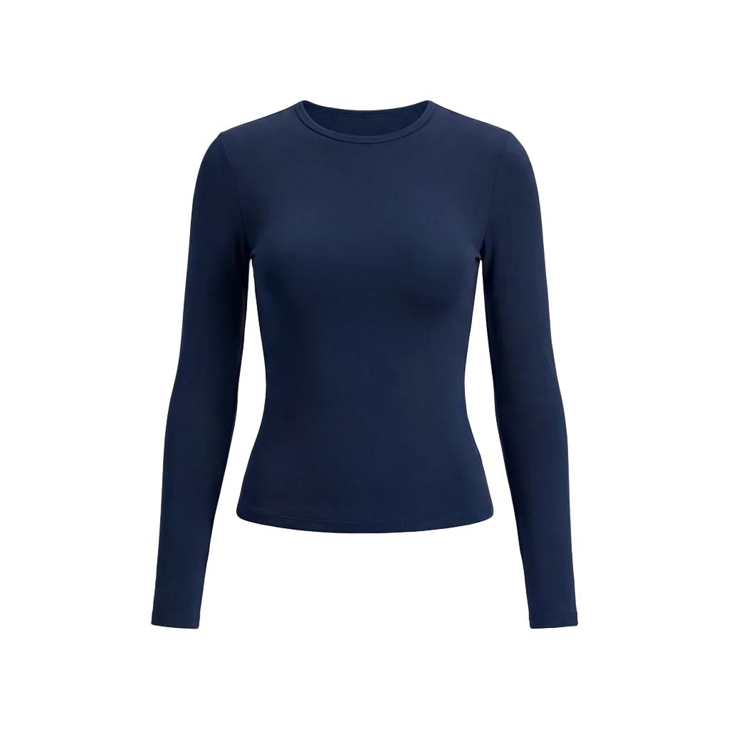 Navy blue long-sleeve shirt on a light gray background
