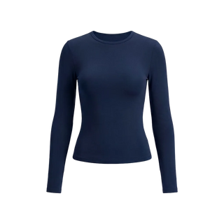 Navy blue long-sleeve shirt on a light gray background