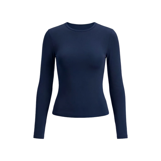 Navy blue long-sleeve shirt on a light gray background