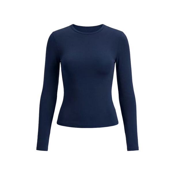 Navy blue long-sleeve shirt on a light gray background