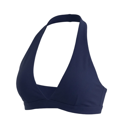 Navy blue sports bra on a light gray background