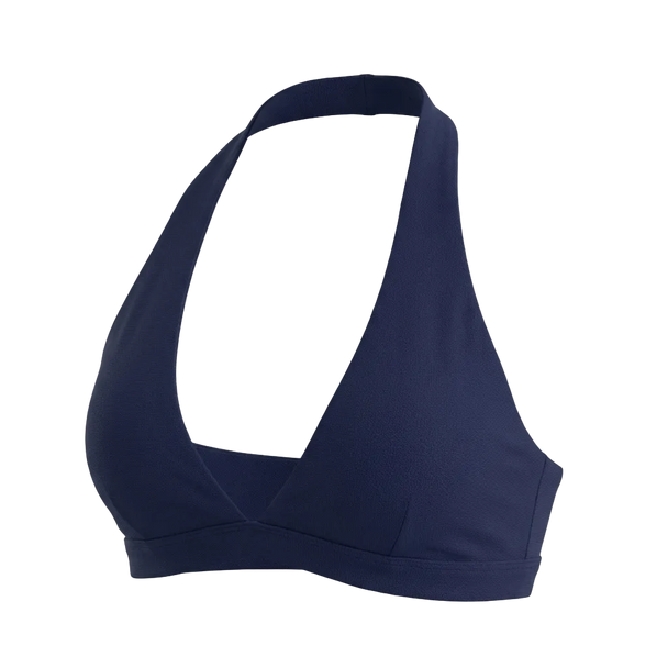 Navy blue sports bra on a light gray background