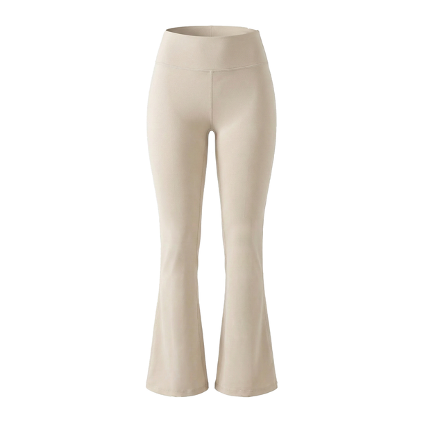 Cream flared leggings on a white background