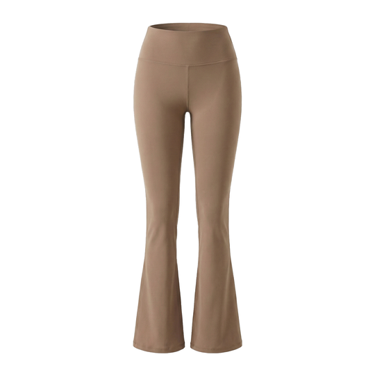 Tan flared leggings on a white background