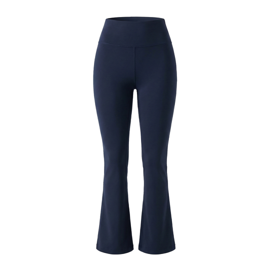Navy blue flared leggings on a white background