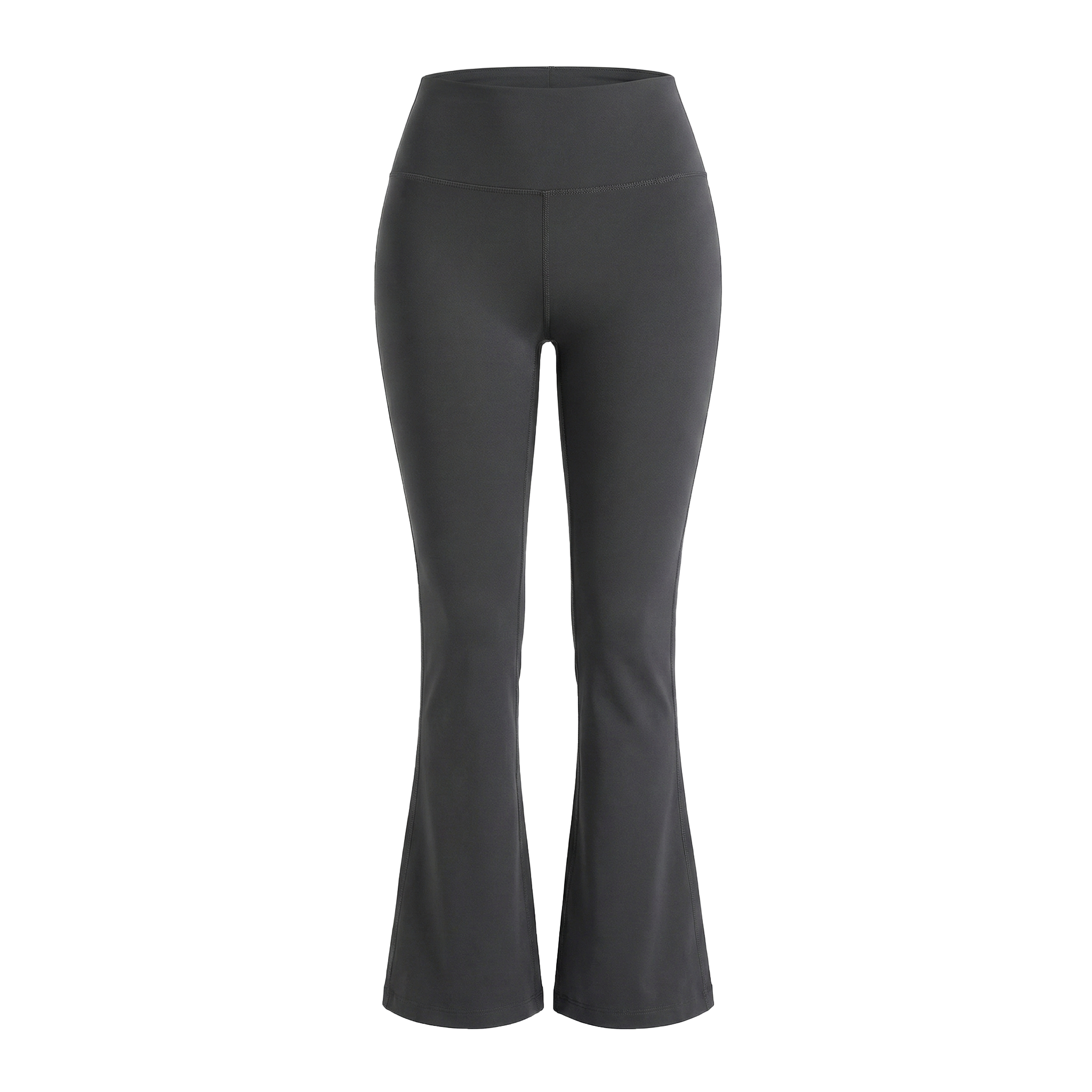 Dark gray flared leggings on a white background