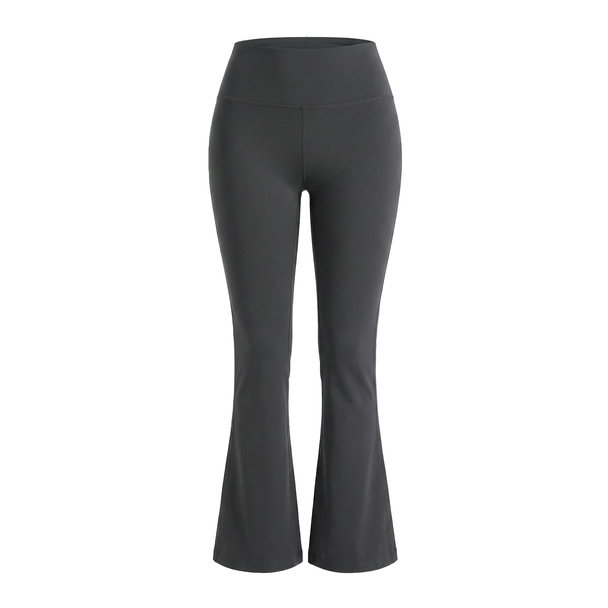 Dark gray flared leggings on a white background