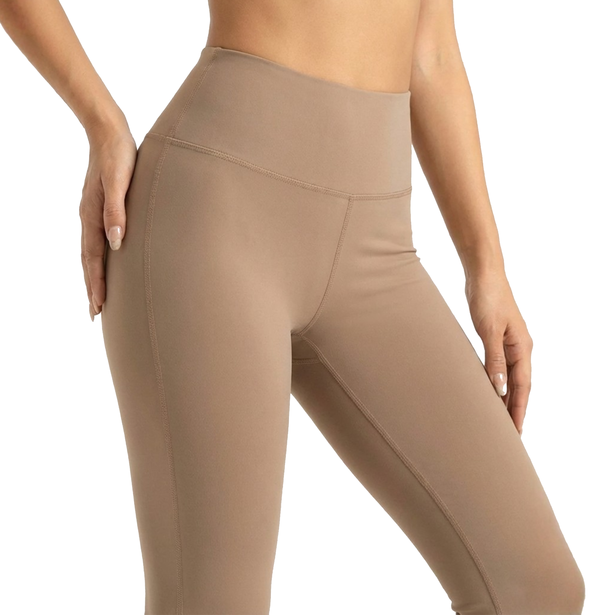 Beige leggings worn by a person on a white background