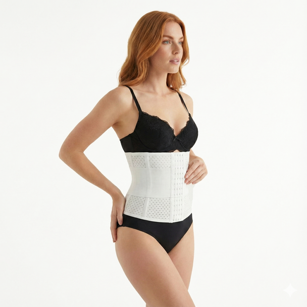 Woman wearing a black bra and white waist trainer on a white background, side view