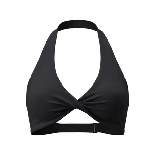 Black bikini top on a light gray background