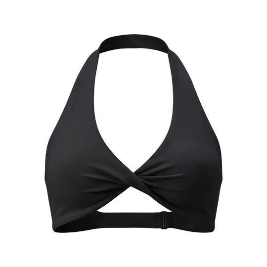 Black bikini top on a light gray background