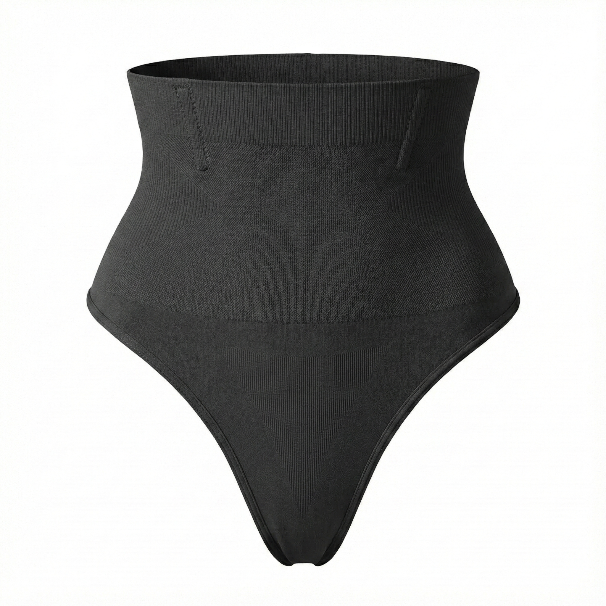 Black high-waisted thong on a white background