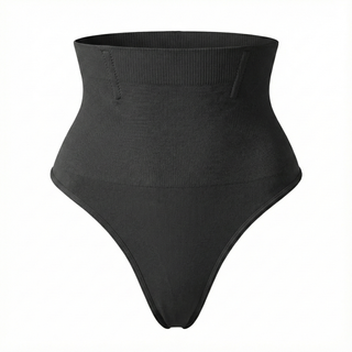 Black high-waisted thong on a white background