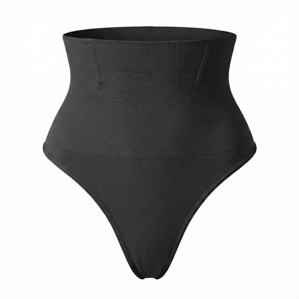 Black high-waisted thong on a white background