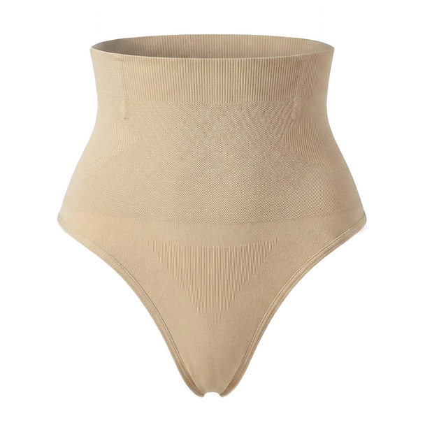 Beige high-waisted shapewear thong on a white background