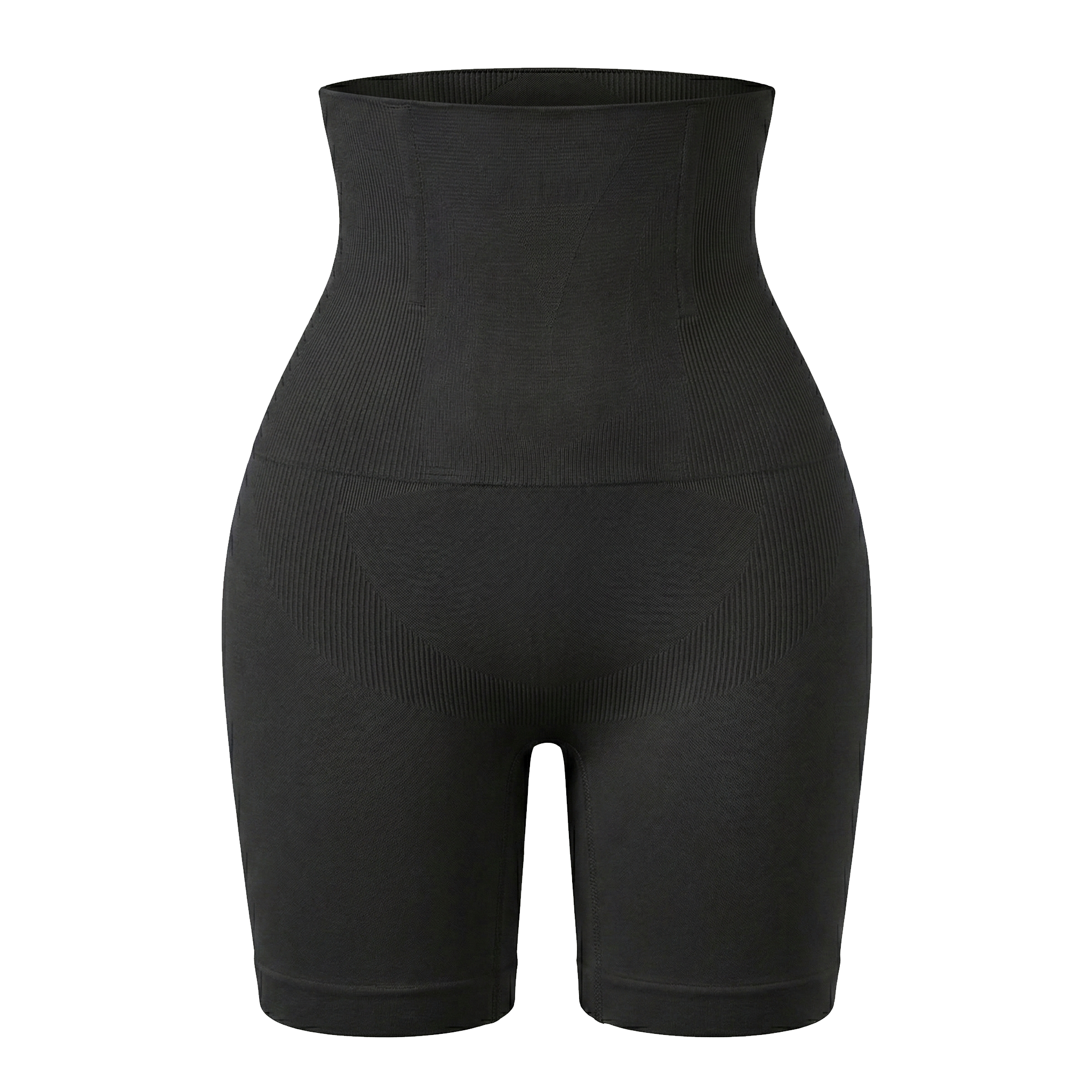 Black high-waisted shapewear shorts on a white background