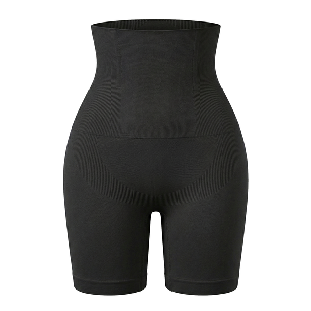 Black high-waisted shapewear shorts on a white background
