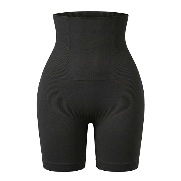 Black high-waisted shapewear shorts on a white background