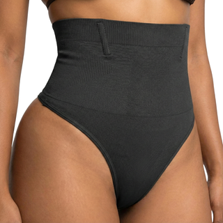Black high-waisted shaping thong on a neutral background, close-up view