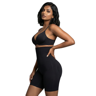 Woman wearing a black high waist shaping shorts, front view, on a white background