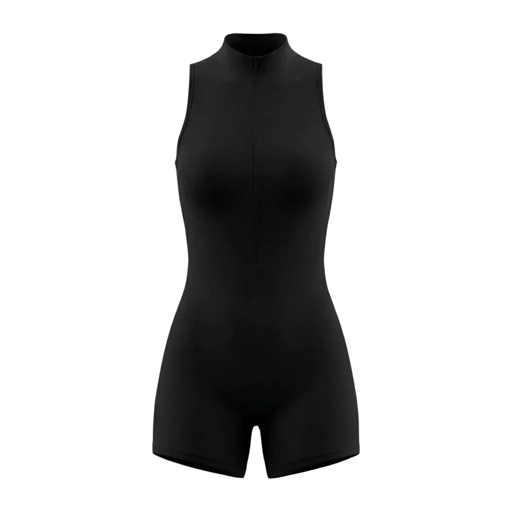 Black sleeveless bodysuit on a beige background