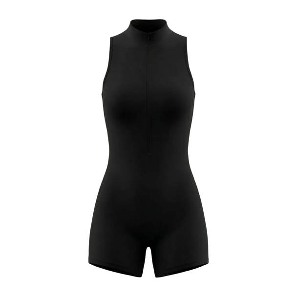 Black sleeveless bodysuit on a beige background