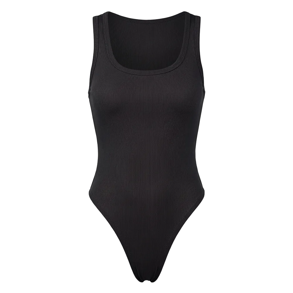 Black bodysuit on a light gray background