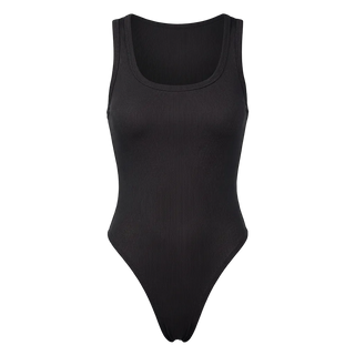 Black bodysuit on a light gray background