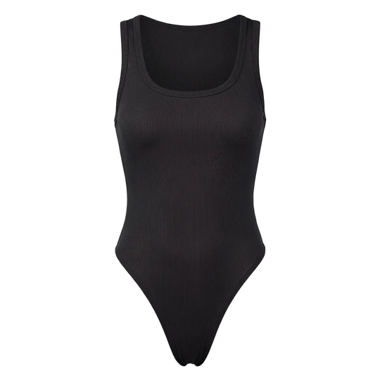 Black bodysuit on a light gray background