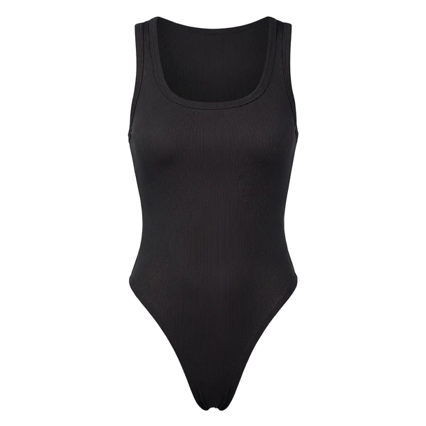 Black bodysuit on a light gray background
