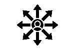 Black symbol with multiple arrows pointing towards a central circle on a white background