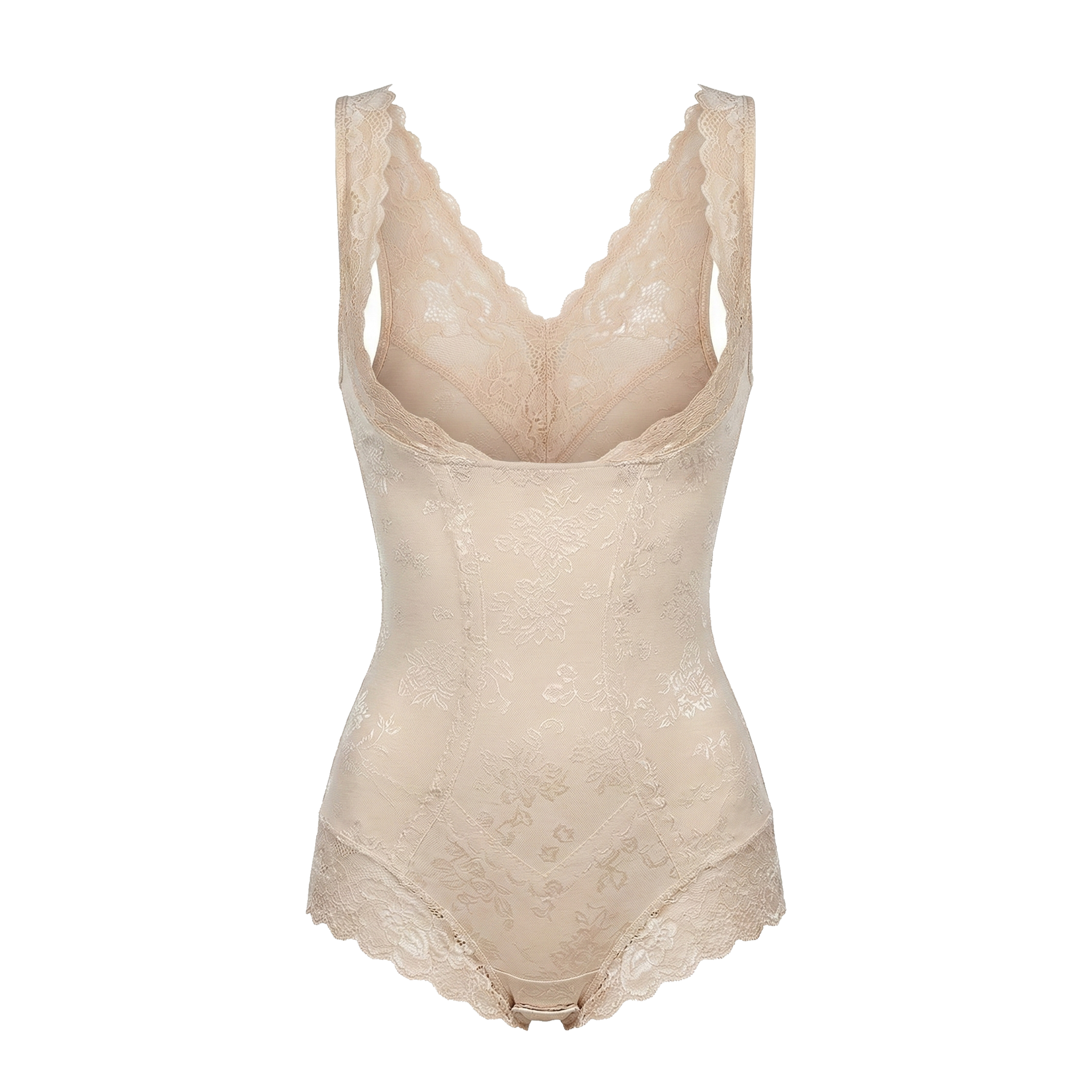 Beige open-bust bodysuit on a white background