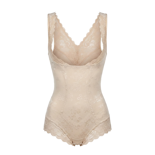 Beige open-bust bodysuit on a white background