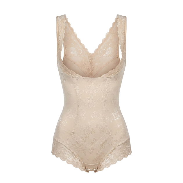 Beige open-bust bodysuit on a white background