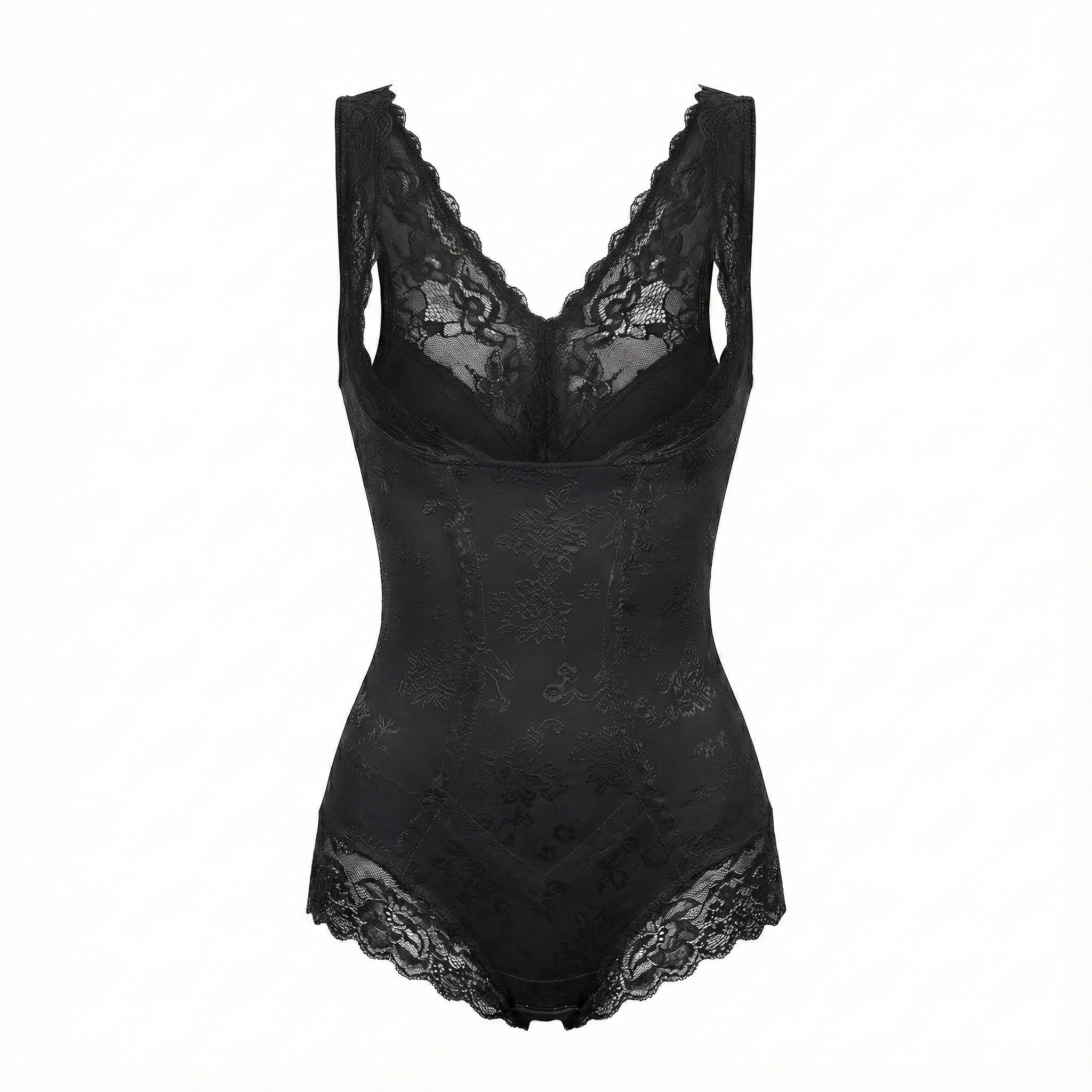 Black open-bust bodysuit on a white background