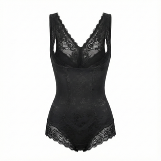 Black open-bust bodysuit on a white background