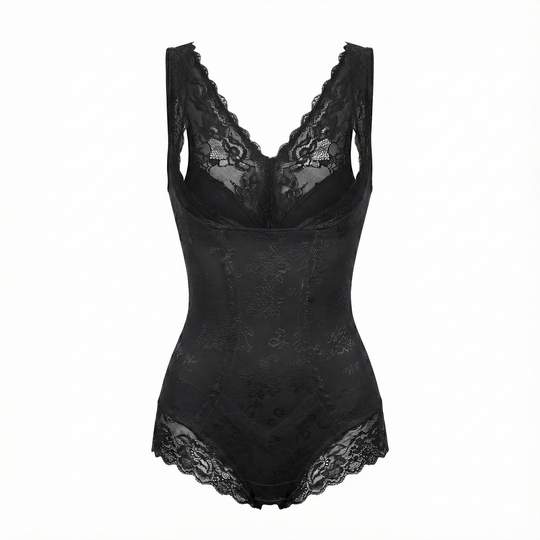 Black open-bust bodysuit on a white background