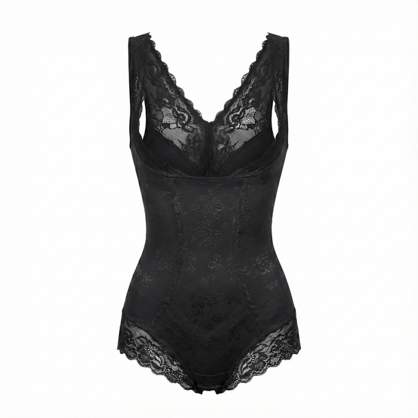 Black open-bust bodysuit on a white background