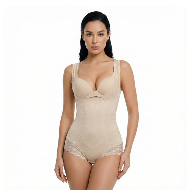 Woman wearing a beige open-bust bodysuit on a white background, front view