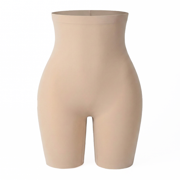 Beige shapewear shorts on a white background