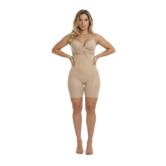Woman wearing beige high waist shorts on a white background, front view