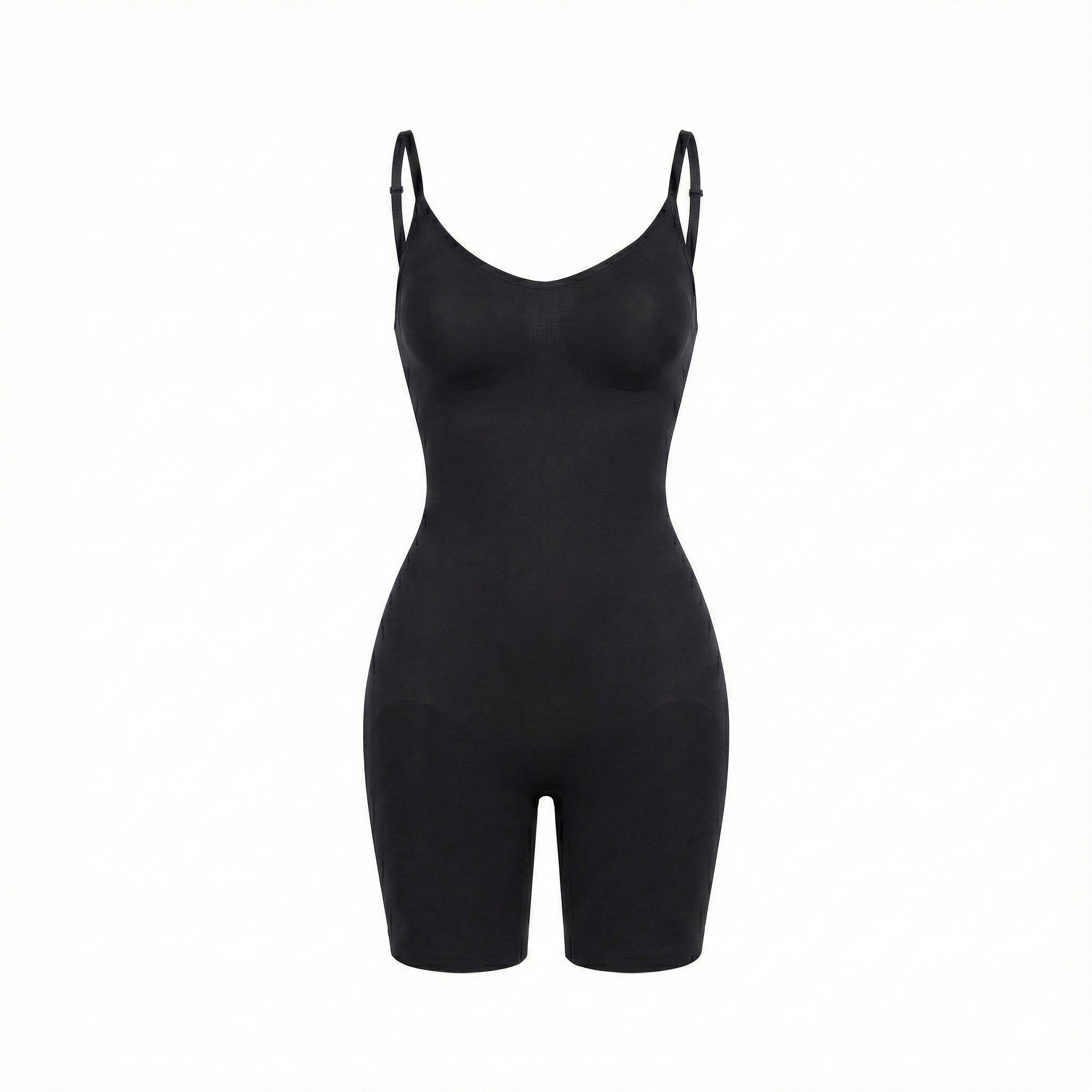 Black mid-thigh  bodysuit on a white background