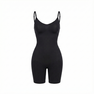 Black mid-thigh  bodysuit on a white background