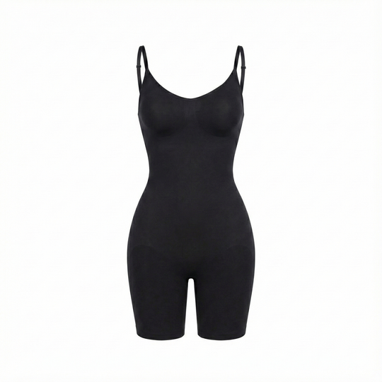 Black mid-thigh  bodysuit on a white background