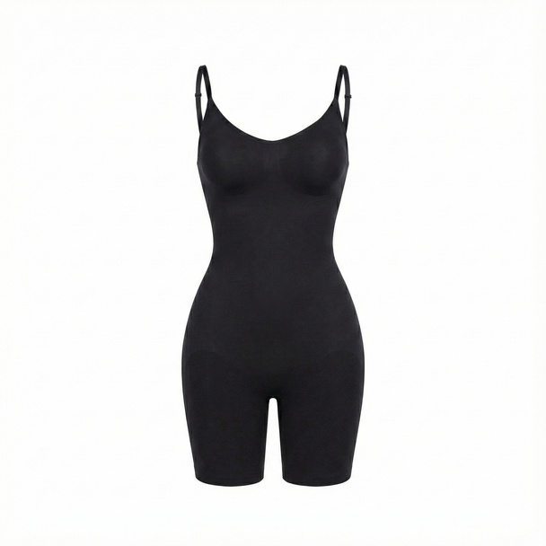 Black mid-thigh  bodysuit on a white background