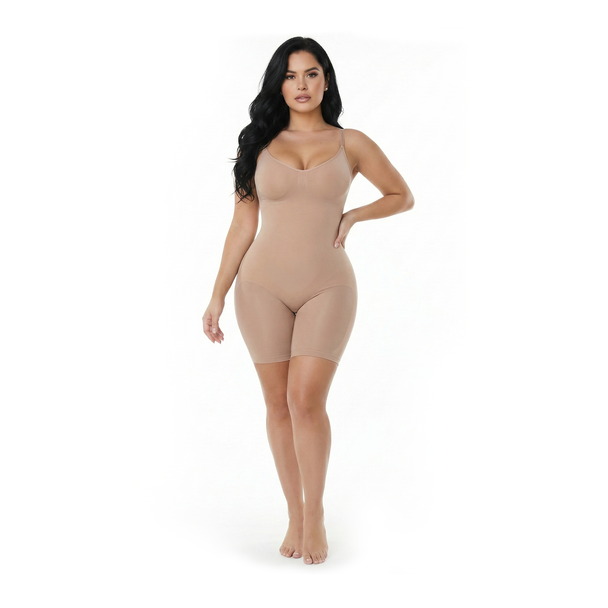 Woman wearing a beige body shaper on a white background