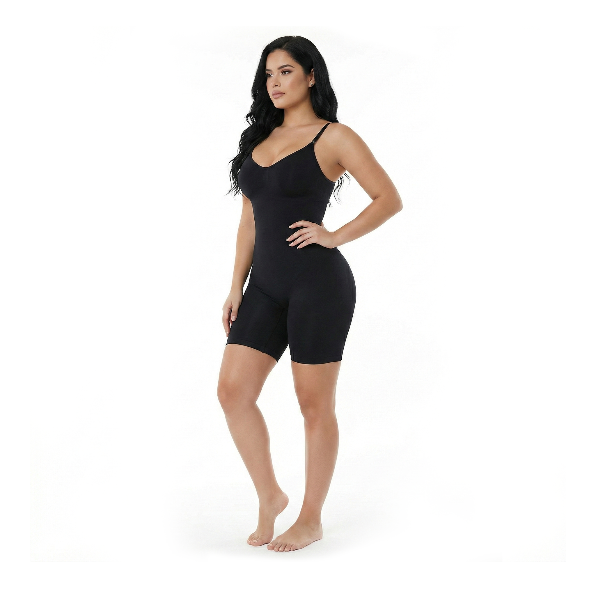 Woman wearing a black bodysuit on a white background