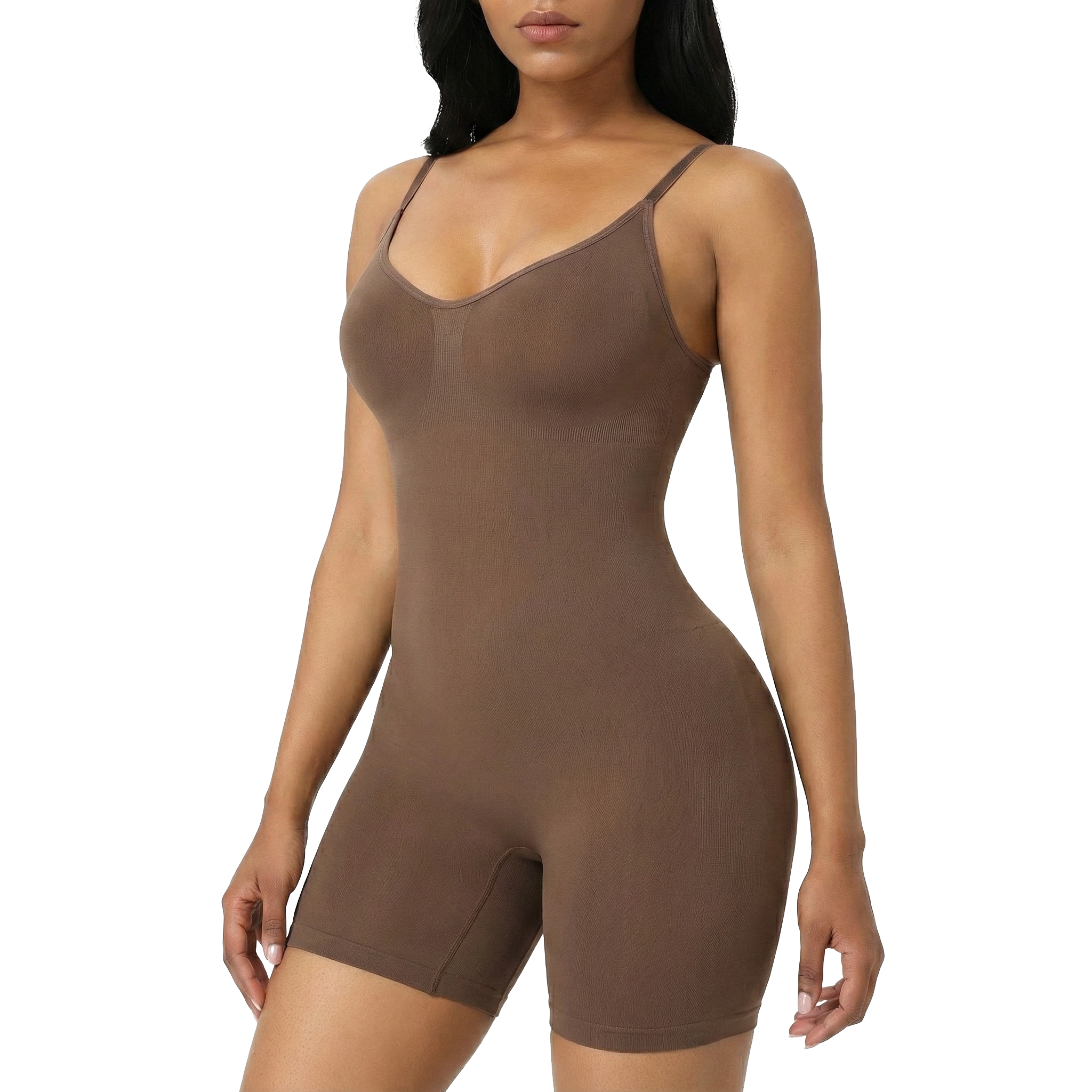 Brown bodysuit worn by a model on a white background