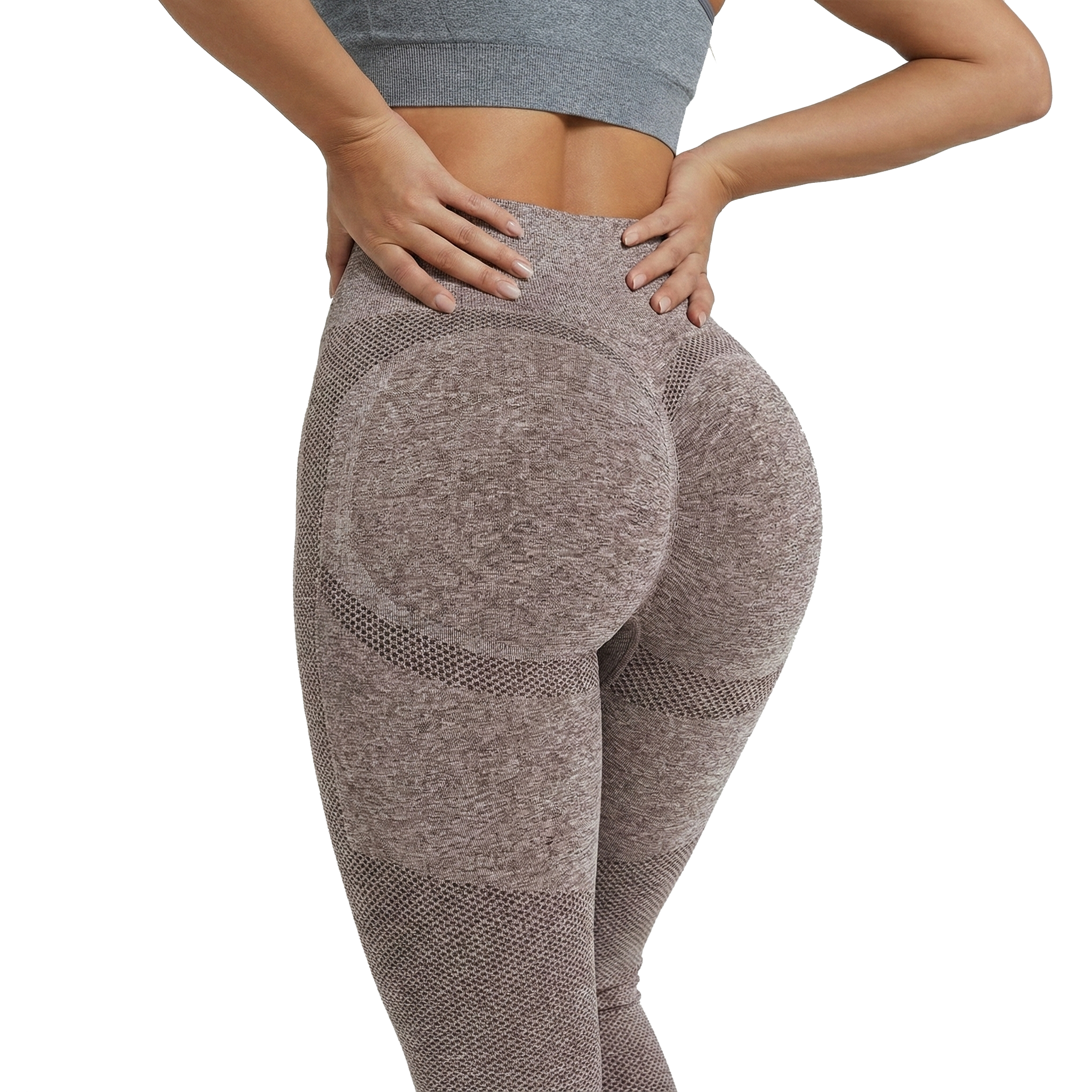Brown leggings with mesh panels worn by a person on a white background