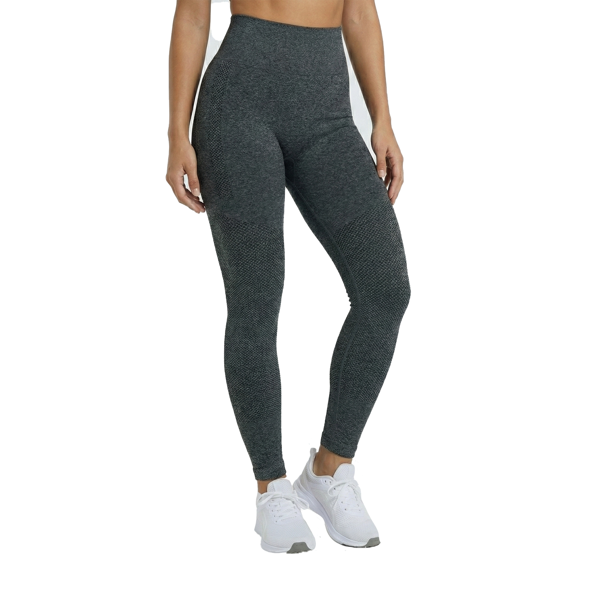 Person wearing dark gray leggings and white sneakers on a white background